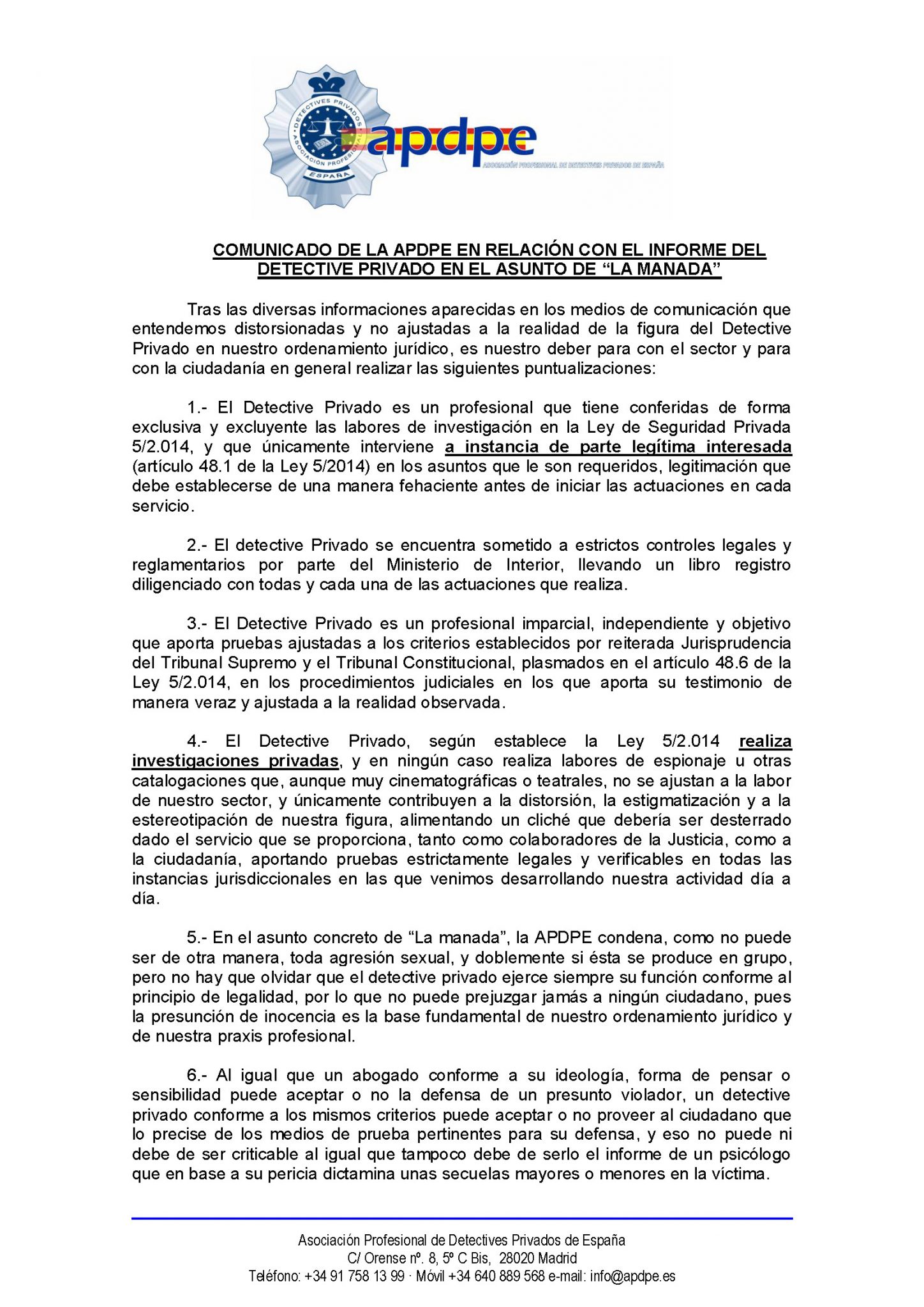 Caso «La Manada» y Detectives Privados.